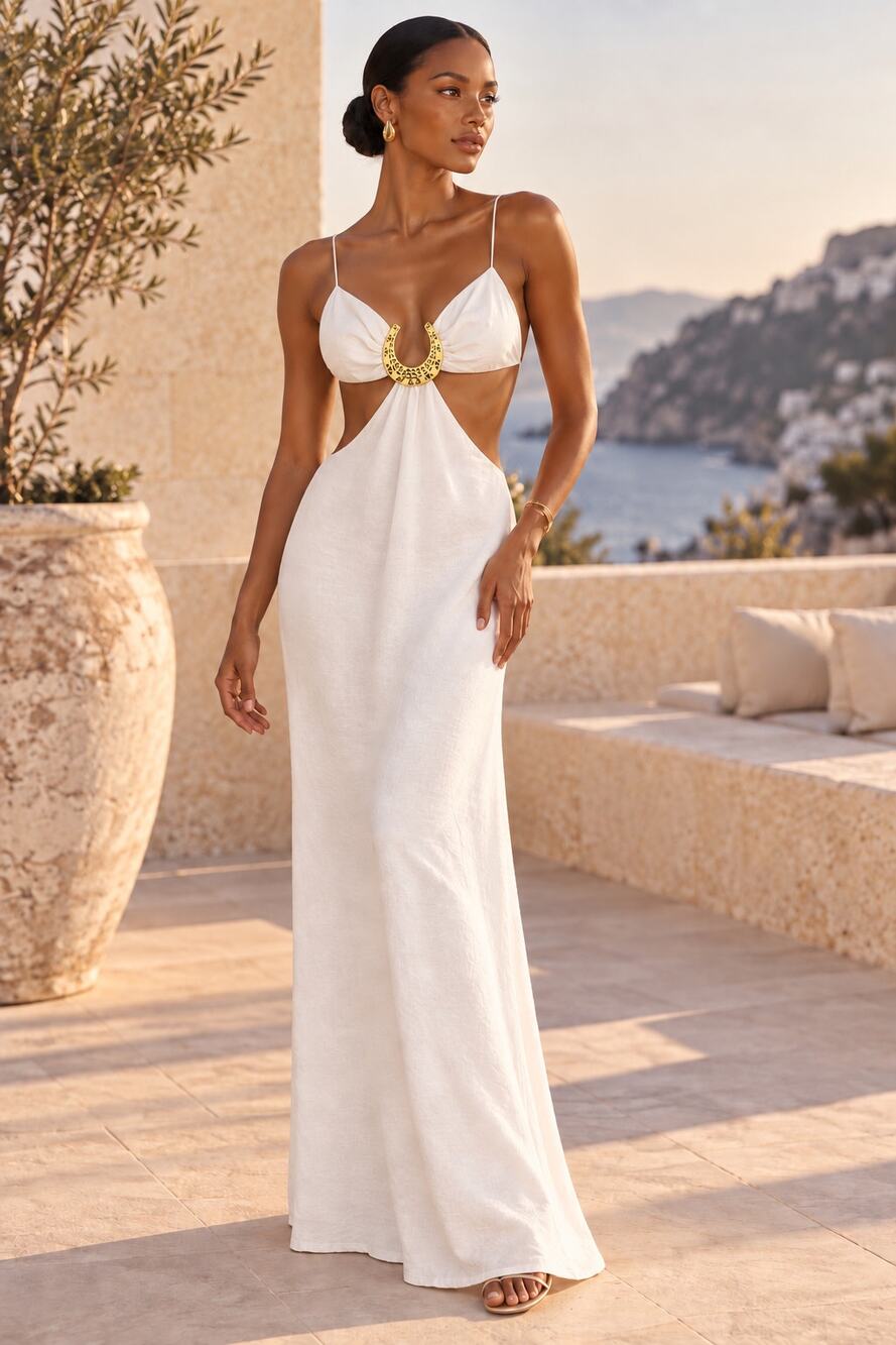 NWT Rumer Lunar Cutout Maxi Dress Size S Rare Sample White Gold Hardware Resort - Picture 1 of 11